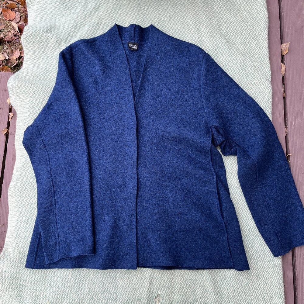 Boiled wool deep navy/deep purple button down v-neck jacket, elastic sides L! - Picture 14 of 16